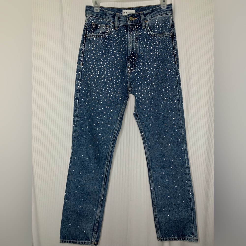 Zara Blue Straight Leg Jeans with White Accents